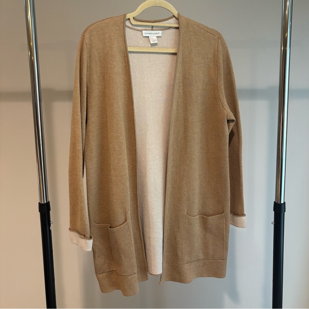 Christopher & Banks Tan Open Front Longline Cardigan Sweater L